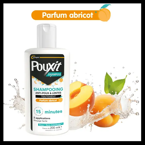 Shampoo Pouxit com aroma de damasco, tratamento antipiolhos e lêndeas, 200 ml