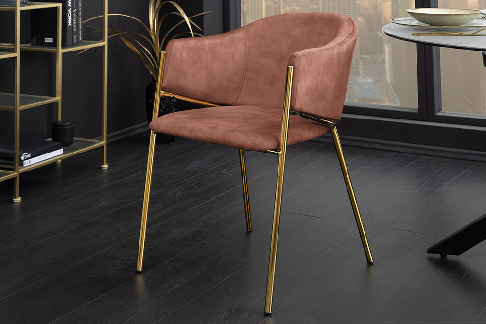 Design Stuhl NOBLESSE rosé Samt golden verchromtes Metallgestell Retro-Look