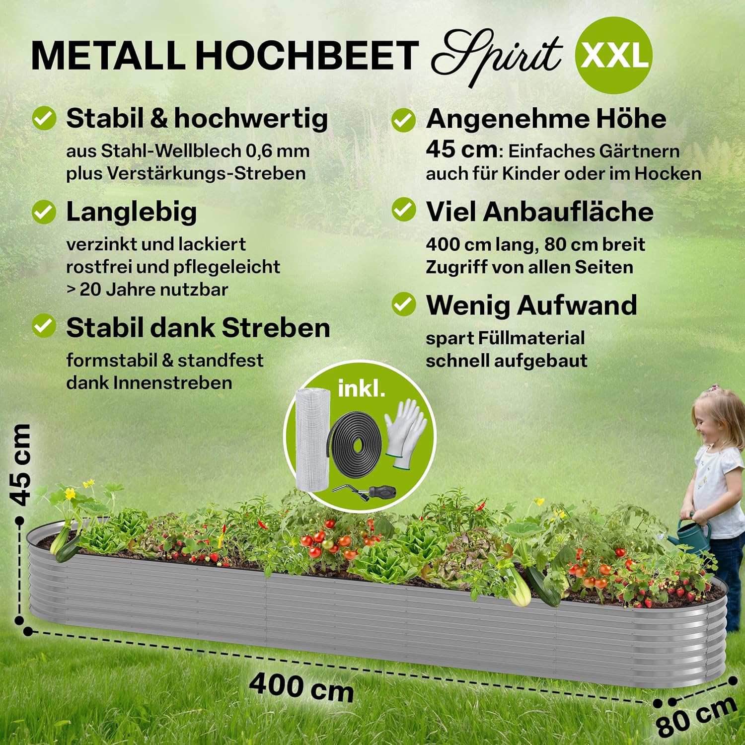 TTL GARDEN 400x80x45cm Spirit XXL Metall Hochbeet Silber - Stahl rostfrei verzinkt Wellblech ovale Form sehr groß stabil & wetterfest Garten Beet für Gemüse Kräuter Blumen Gartenbeet Gemüsebeet