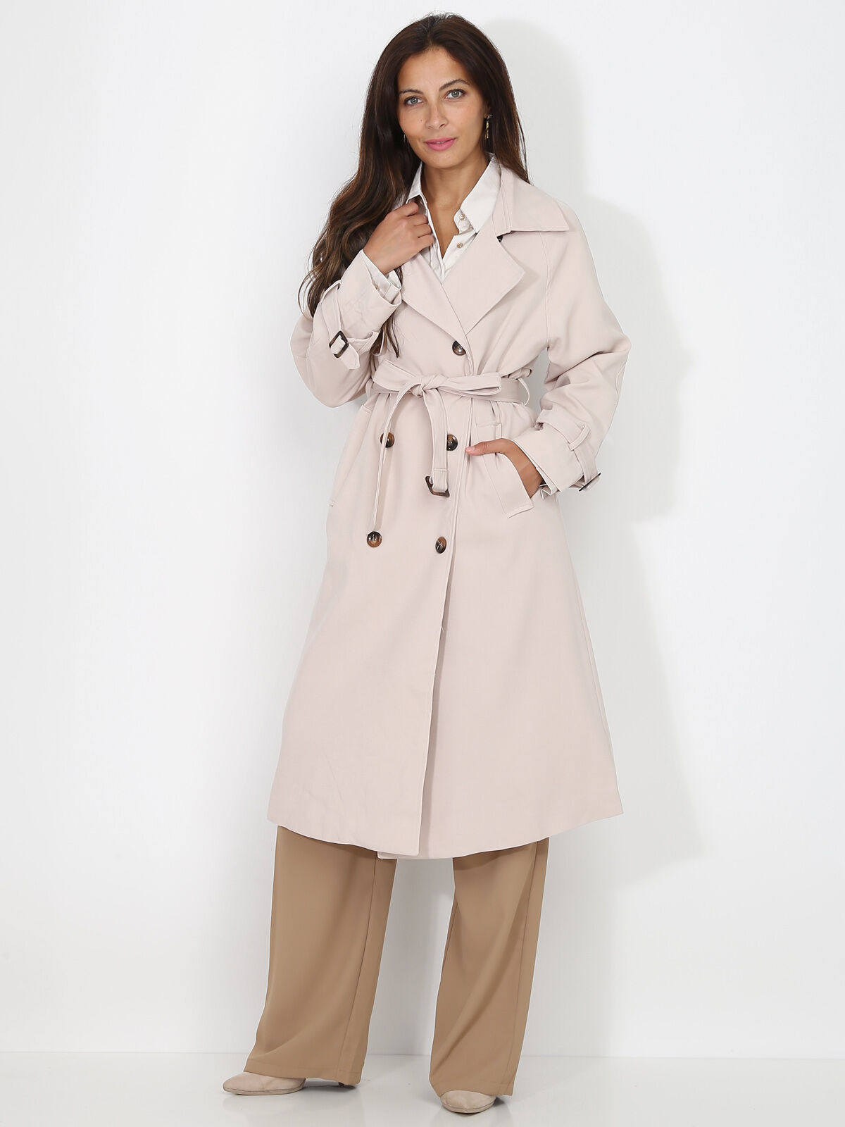 Trench mi-long droit ceinturé- Beige