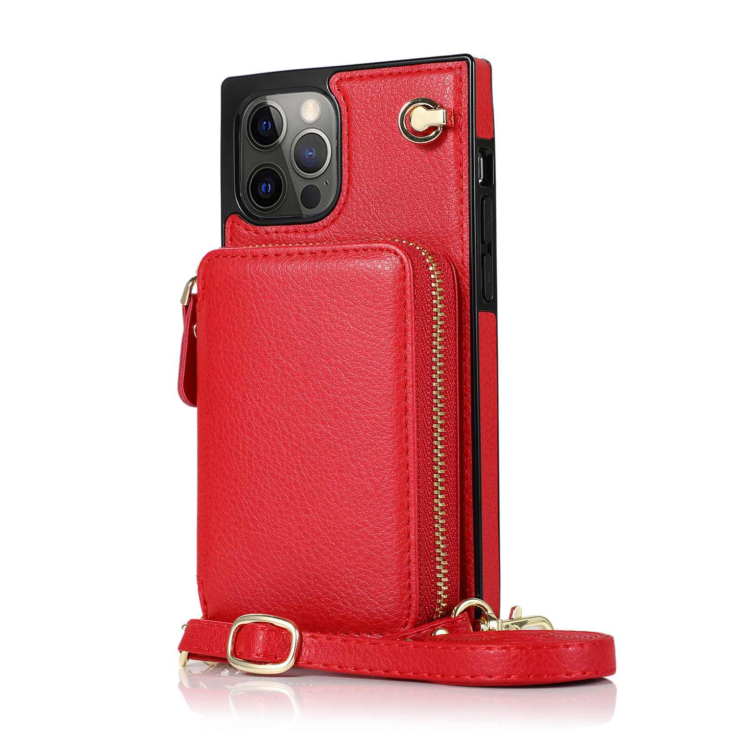 iPhone 13 Pro Necklace Leder Schutz Hülle mit Kartenfächer   Handykette (140cm) - Rot