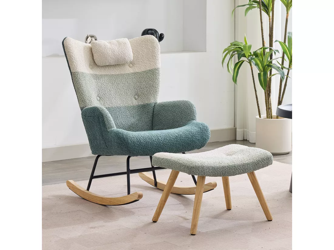 Fauteuil à bascule en tissu bouclé avec repose-pièds et appui-tête - 65.5 x 83 x 95 cm - Multicolore