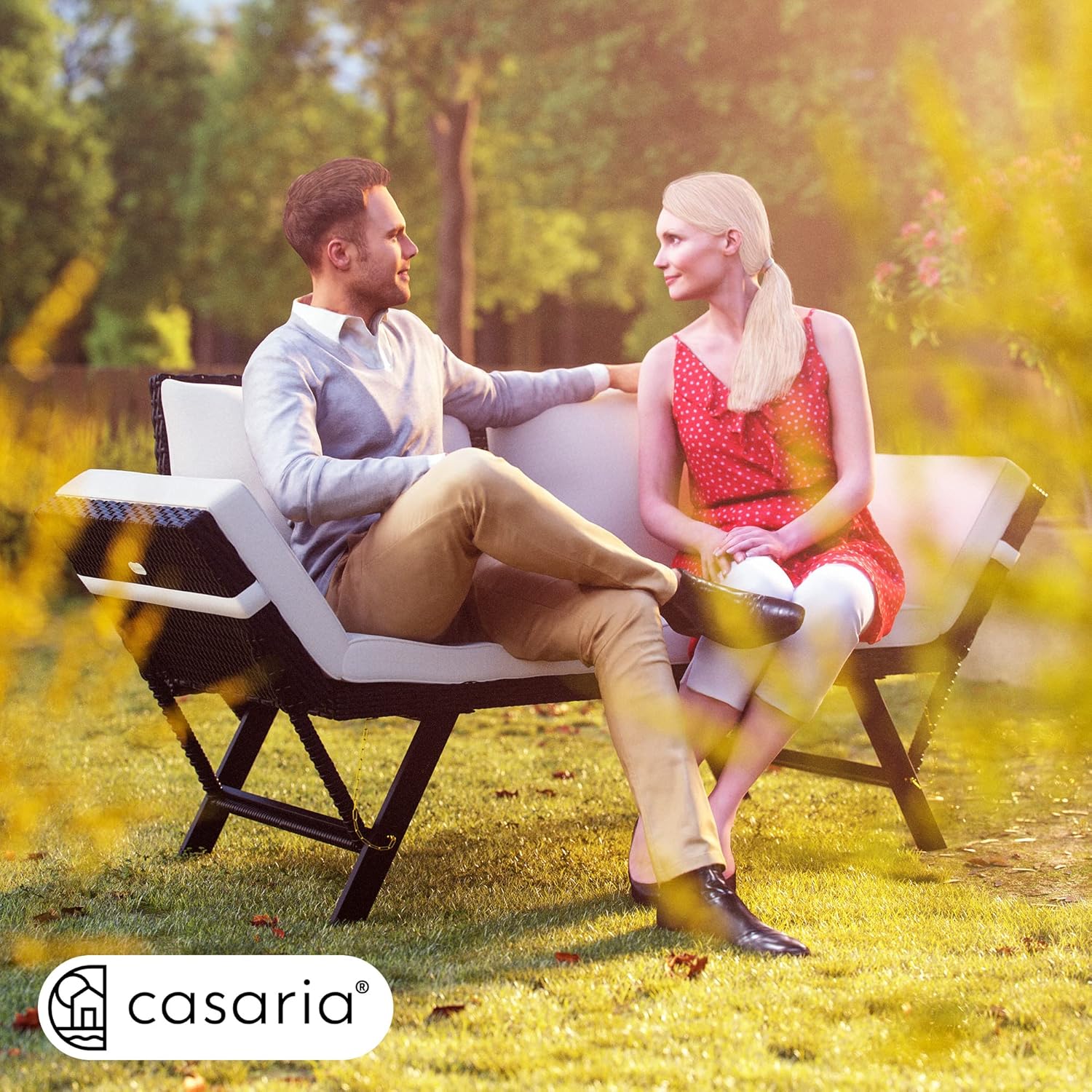 Casaria® Polyrattan Gartenbank mit Liegefunktion Auflage Kissen Verstellbare Armlehnen Wetterfest Draußen Garten Terrasse Balkon Bank Couch Liege Schwarz