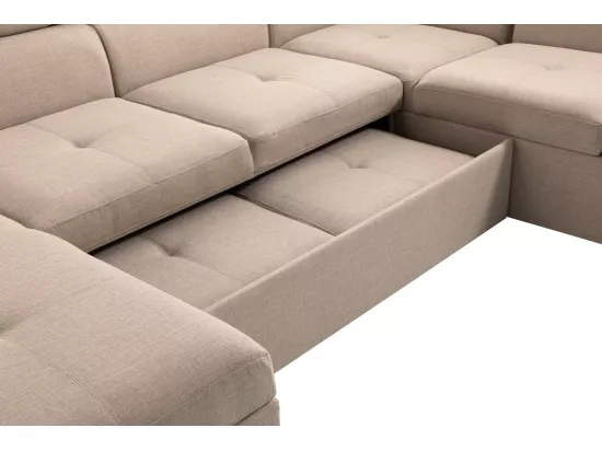 Canapé d'Angle Panoramique 6 Places Paola Convertible en Tissu Avec Coffres - Beige - L322 x P196 x H76cm - Loungitude