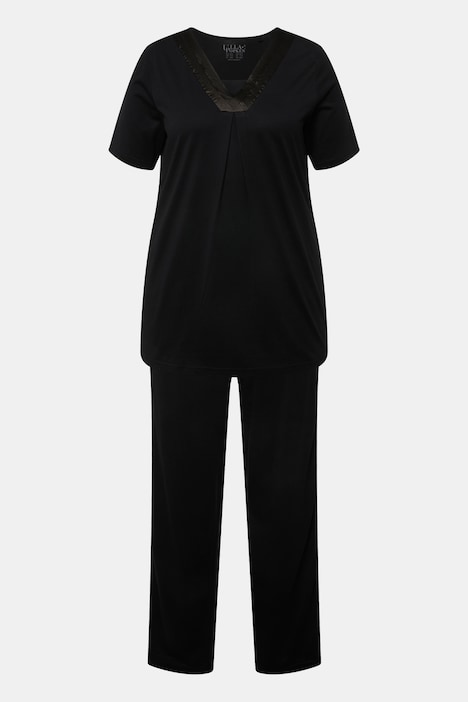 Pyjama, Satindetails, V-Ausschnitt, Halbarm