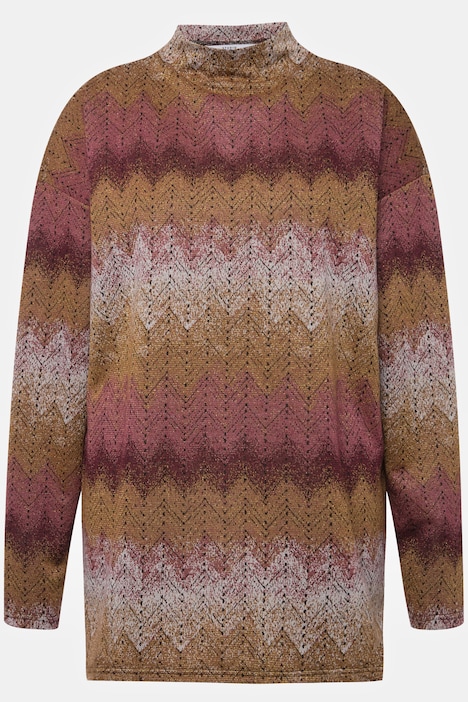 Longsleeve, oversized, Glitter Zackenstreifen, Stehkragen, Seitenschlitze