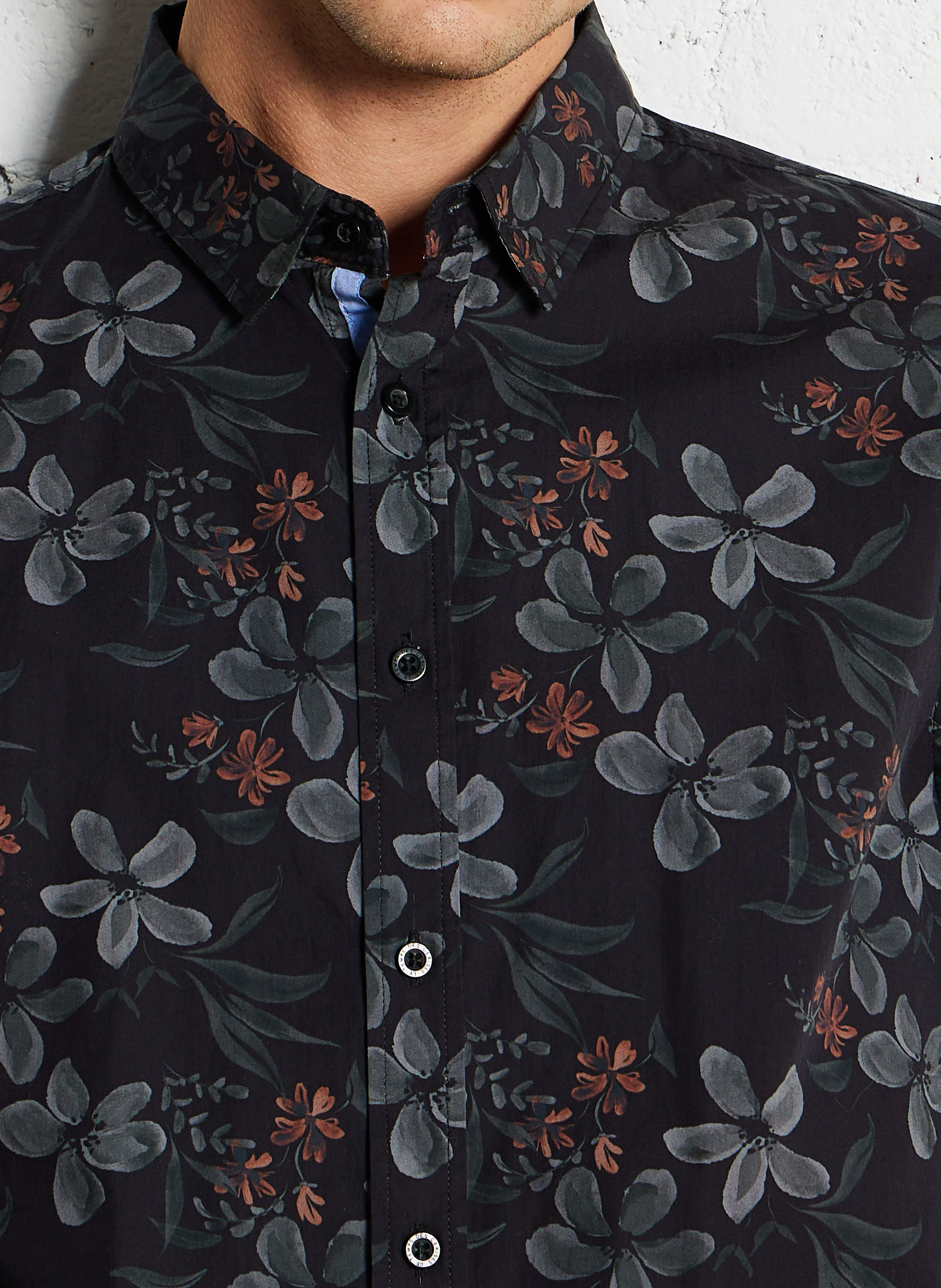 RIKEL - Chemise col classique droite à motif fleuri en coton | Noir