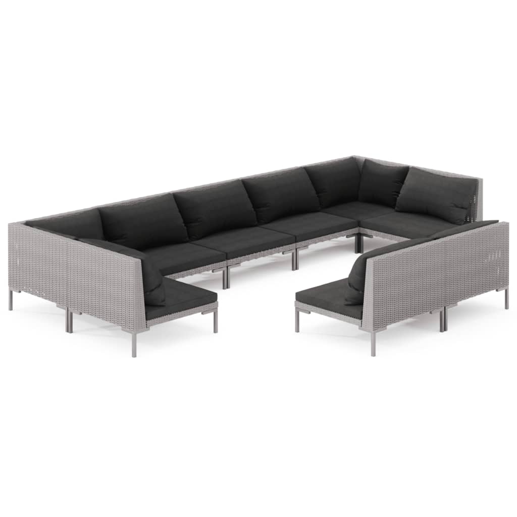 Salon de jardin meuble d'extérieur ensemble de mobilier 9 pièces avec coussins résine tressée gris foncé