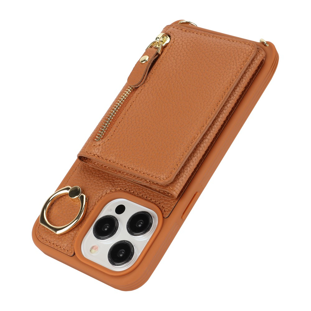iPhone 15 Pro Max Necklace Leder Hülle mit Münzfach und Kartenfächer   Finger Griff Halterung   Handykette - Braun