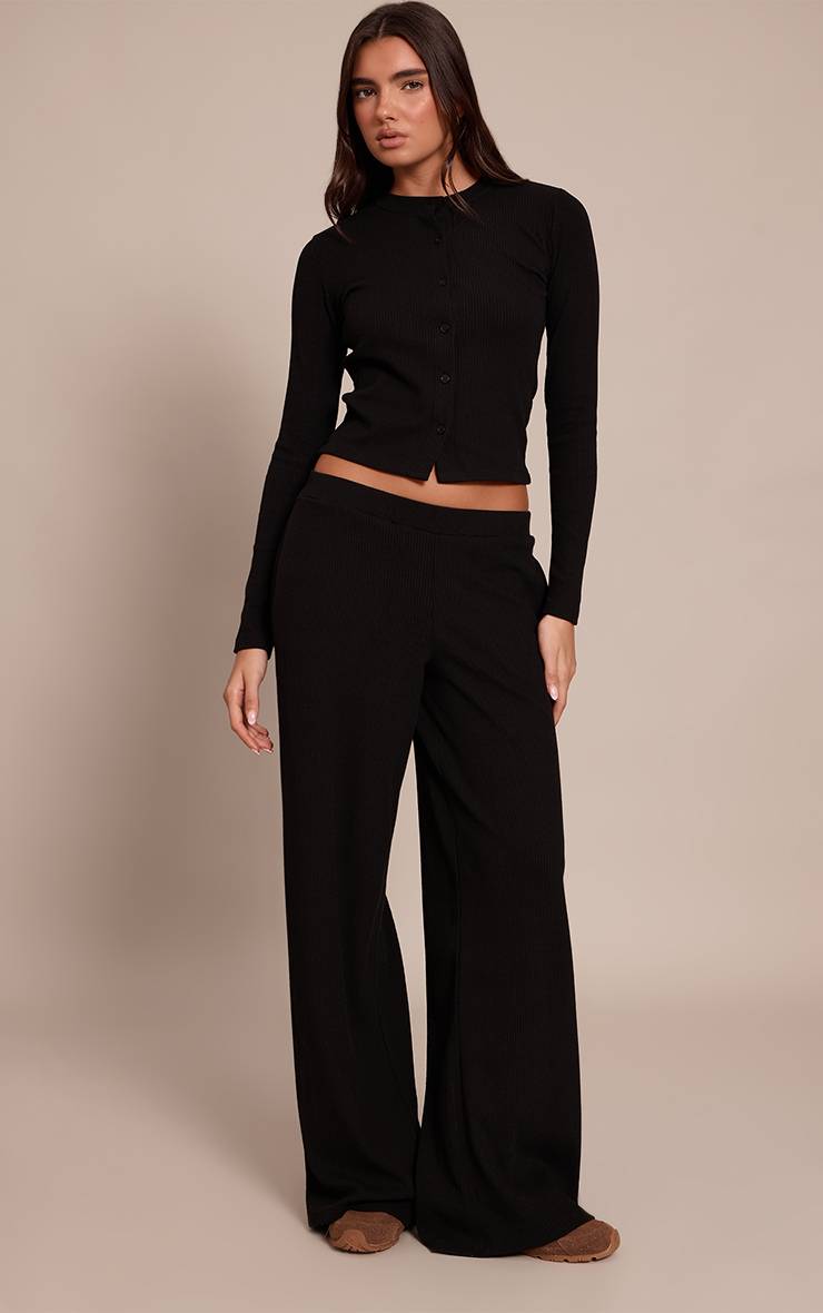 Noir Pantalon Droit Taille Basse À Cordon De Serrage Côtelé