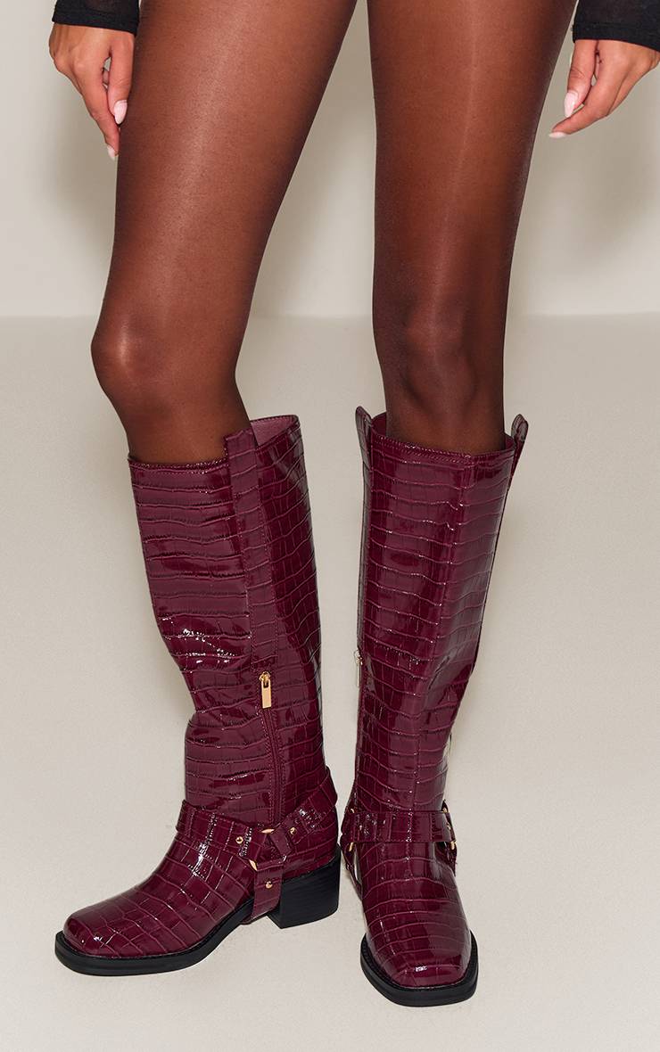 Rouge Bordeaux Bottes Hautes À Détails Boucles Effet Croco Verni