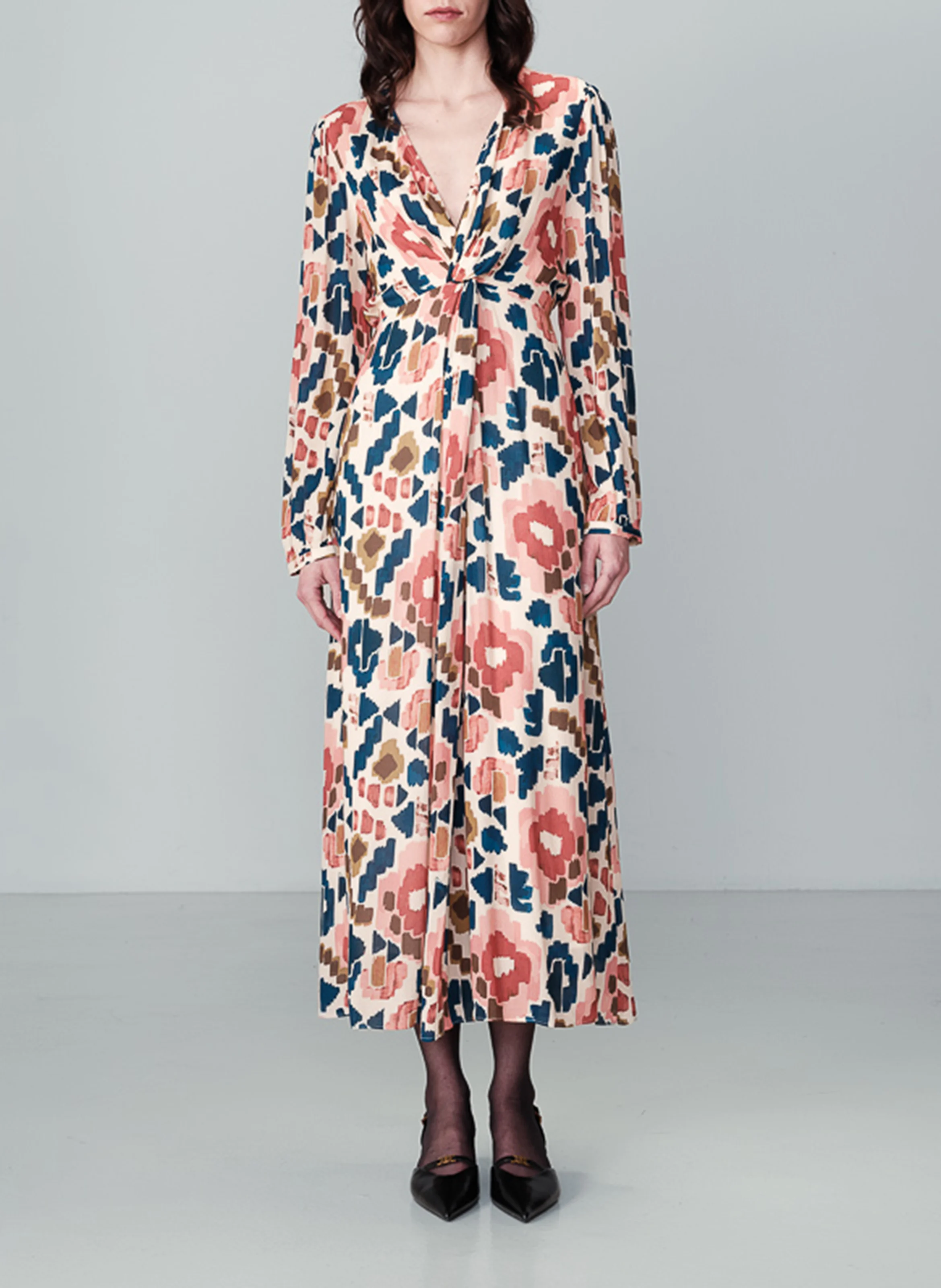 NOUR - Robe longue droite imprimée | Beige