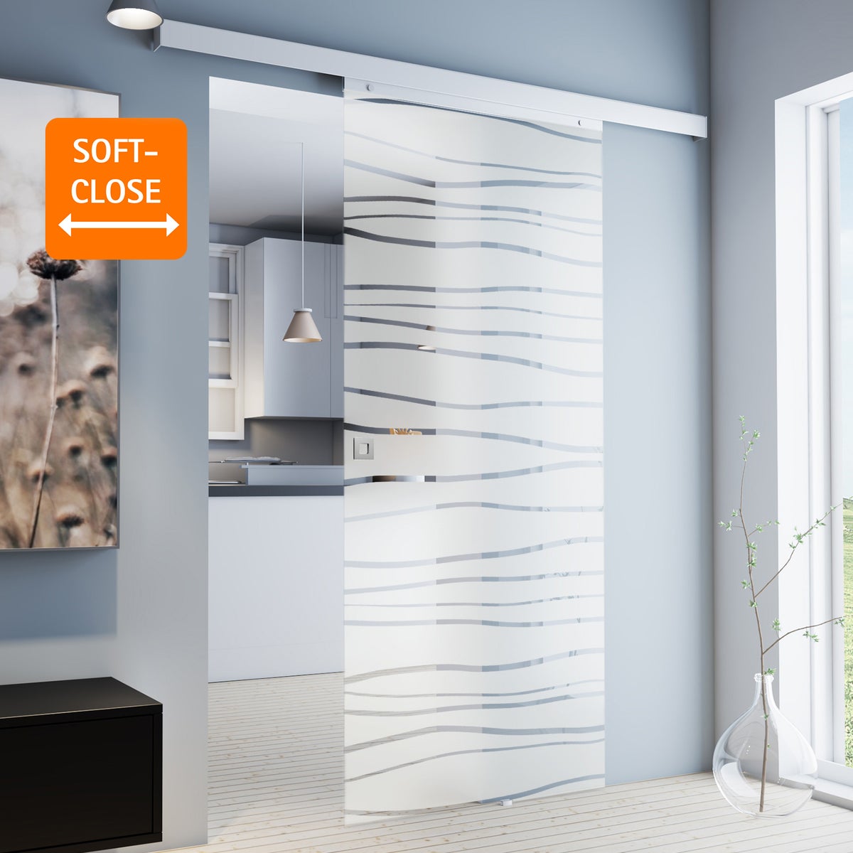 Schuifdeur van glas, gebogen, 755x2035 mm, binnendeur, glazen schuifdeur - vierkante greep + 2-zijdige softclose