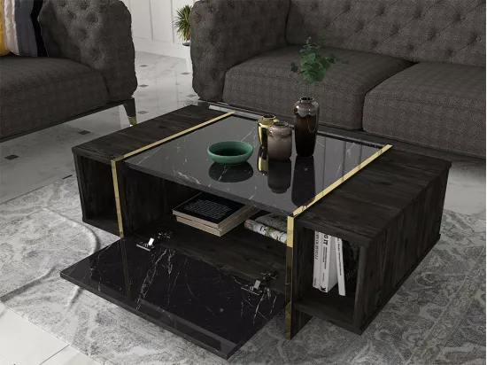 Table basse avec 1 porte et 2 niches - Effet marbre noir, naturel foncé et doré - CADEBA II