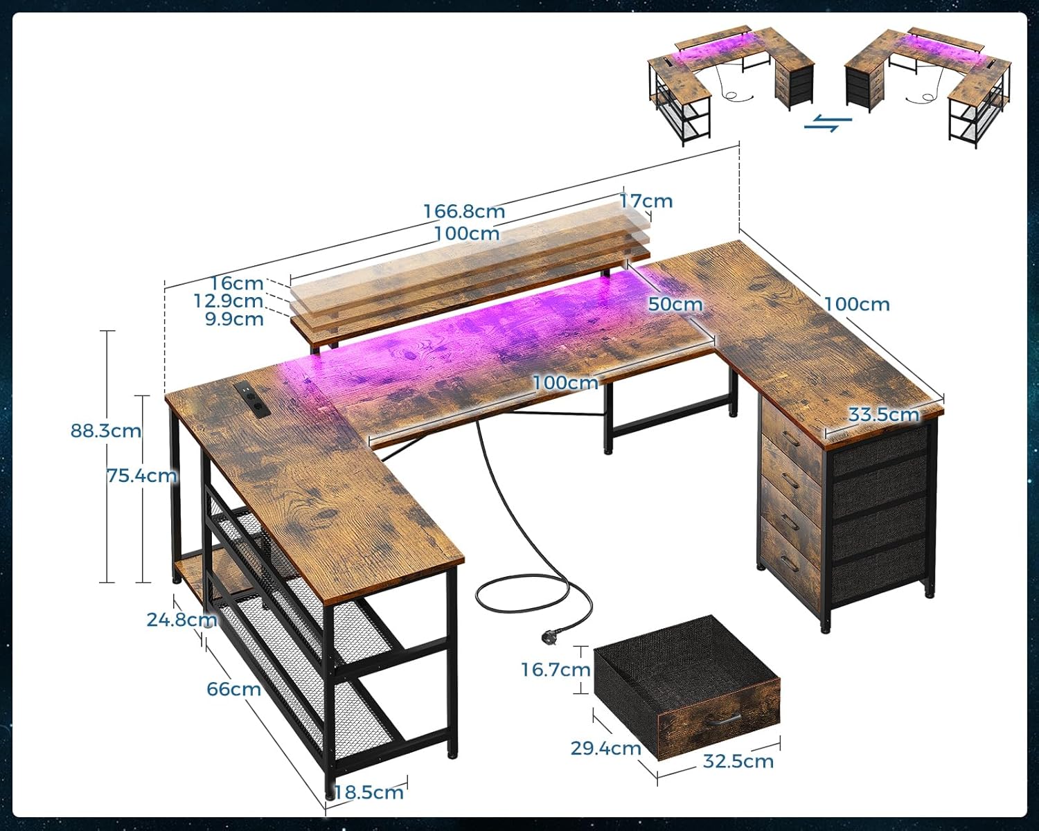 ODK Eckschreibtisch mit 4 Schubladen&Stauraum, 167×102cm Reversible Eckschreibtisch mit 2 Steckdosen und 2 USB Ladeanschluss, Gaming Schreibtisch mit LED&Monitorständer für Home Office, Vintage-Braun