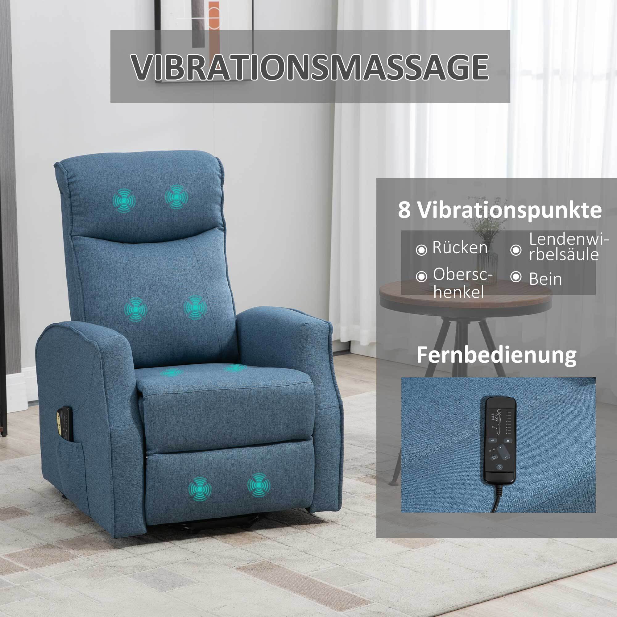 HOMCOM Funktionssessel mit Massagefunktion und Aufstehhilfe blau 74,5L x 87,5B x 110H cm