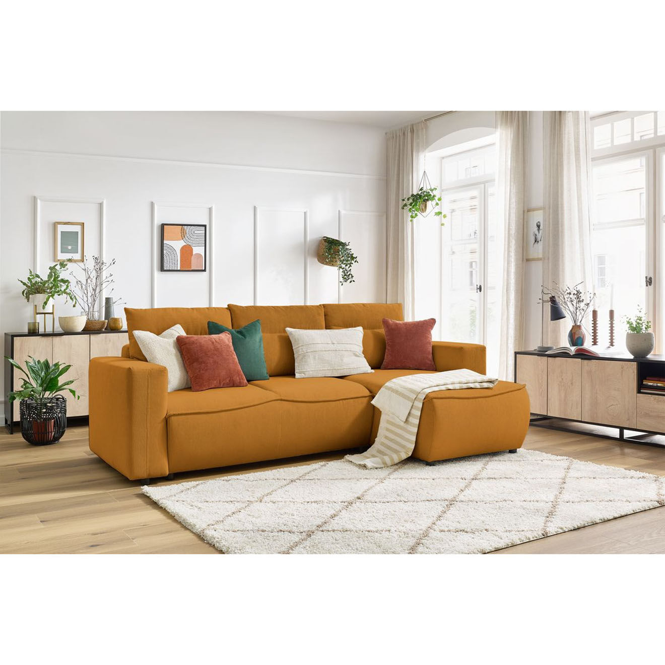 Bobochic Canapé d'angle droit convertible coffre jasmin velours côtelé jaune - 256x158x90 cm