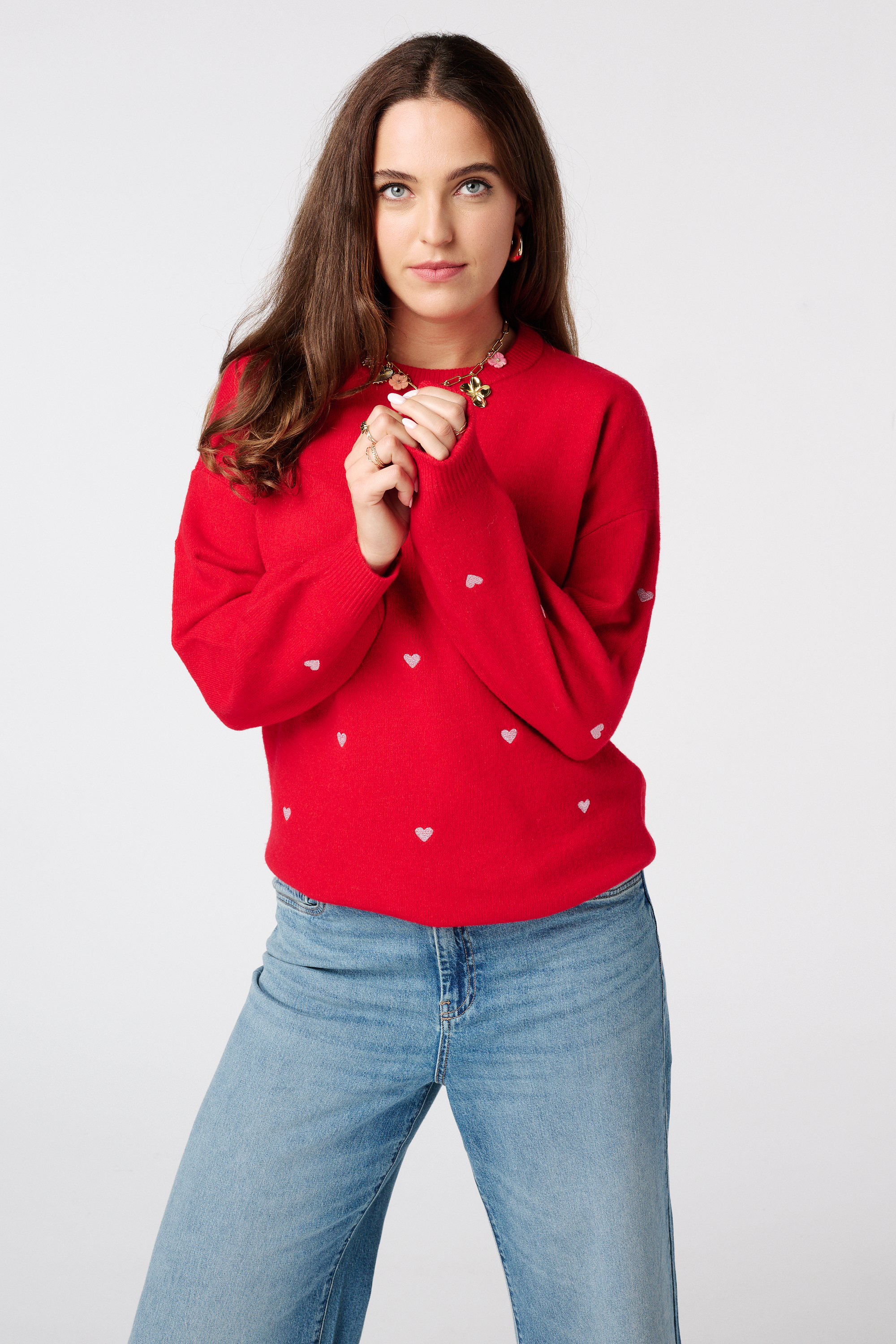 Fijn gebreide trui met geborduurde hartjes Multi Red