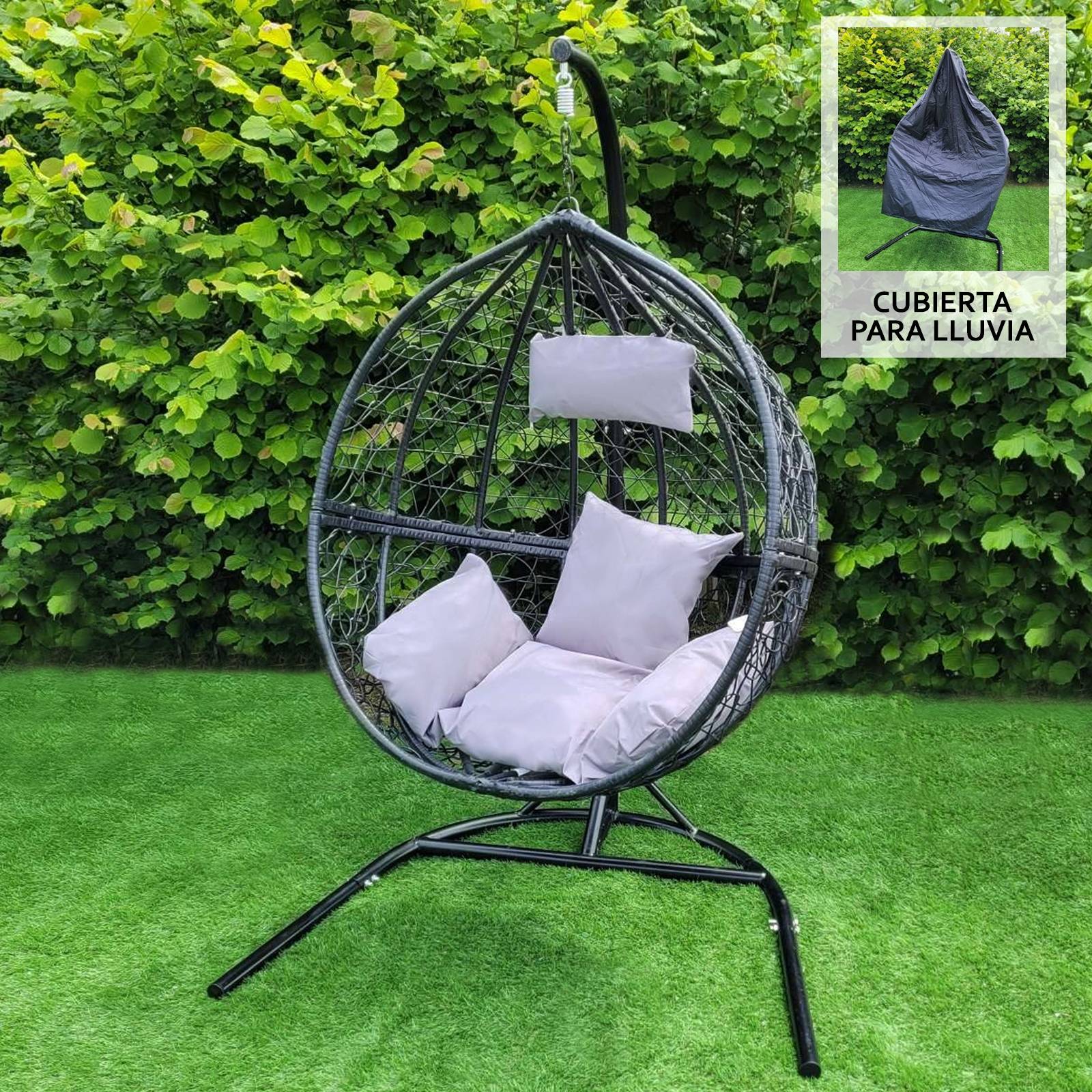 Cadeira suspensa em rattan, modelo Egg Chair, para pátio, área externa e interna, cor preta | com almofadas