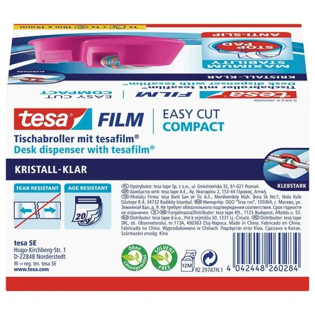 tesa Tischabroller Easy Cut Compact, pink inkl 1 Rolle tesafilm kristall-klar 10mx15mm