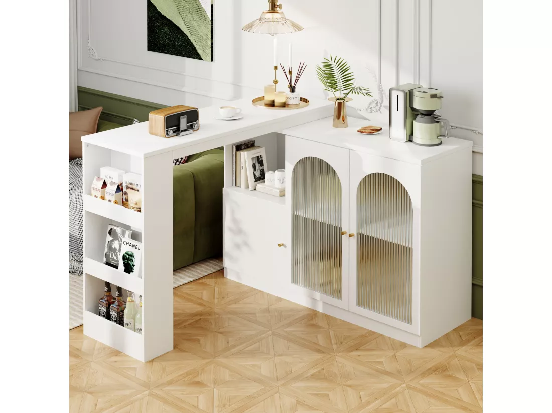 Meuble de bar pivotant - 3 portes et étagères de rangement - Bois MDF et verre - pour salle à manger ou salon - Blanc