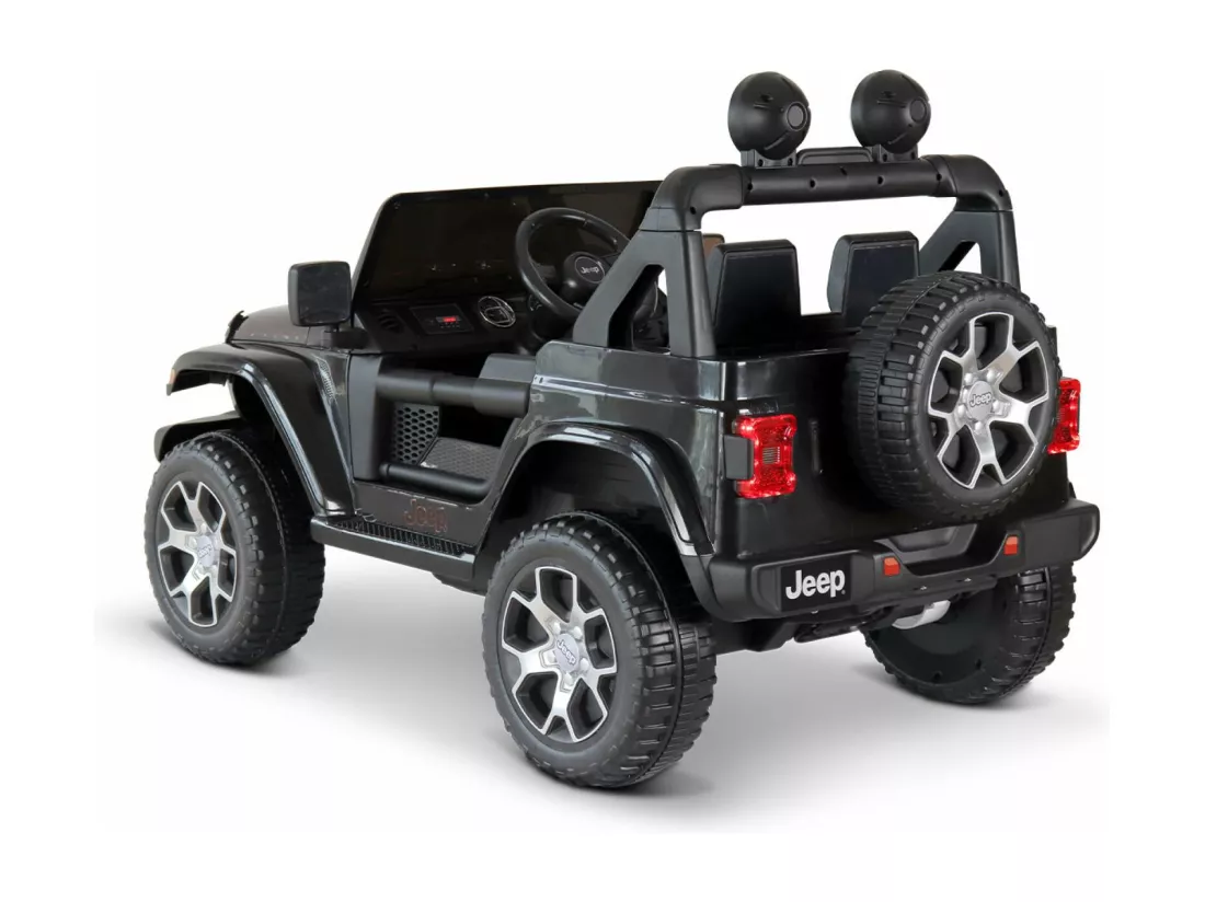 Voiture électrique 12V pour enfant - JEEP Wrangler Rubicon 2 roues motrices. noire. 1 place. avec autoradio. télécommande. MP3. port USB / carte SD. prise jack et phares fonctionnels