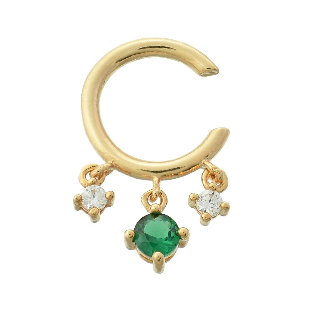Clip d'oreille earcuff 3 oxydes de zirconium pendants central vert Plaqué OR 750 3 microns