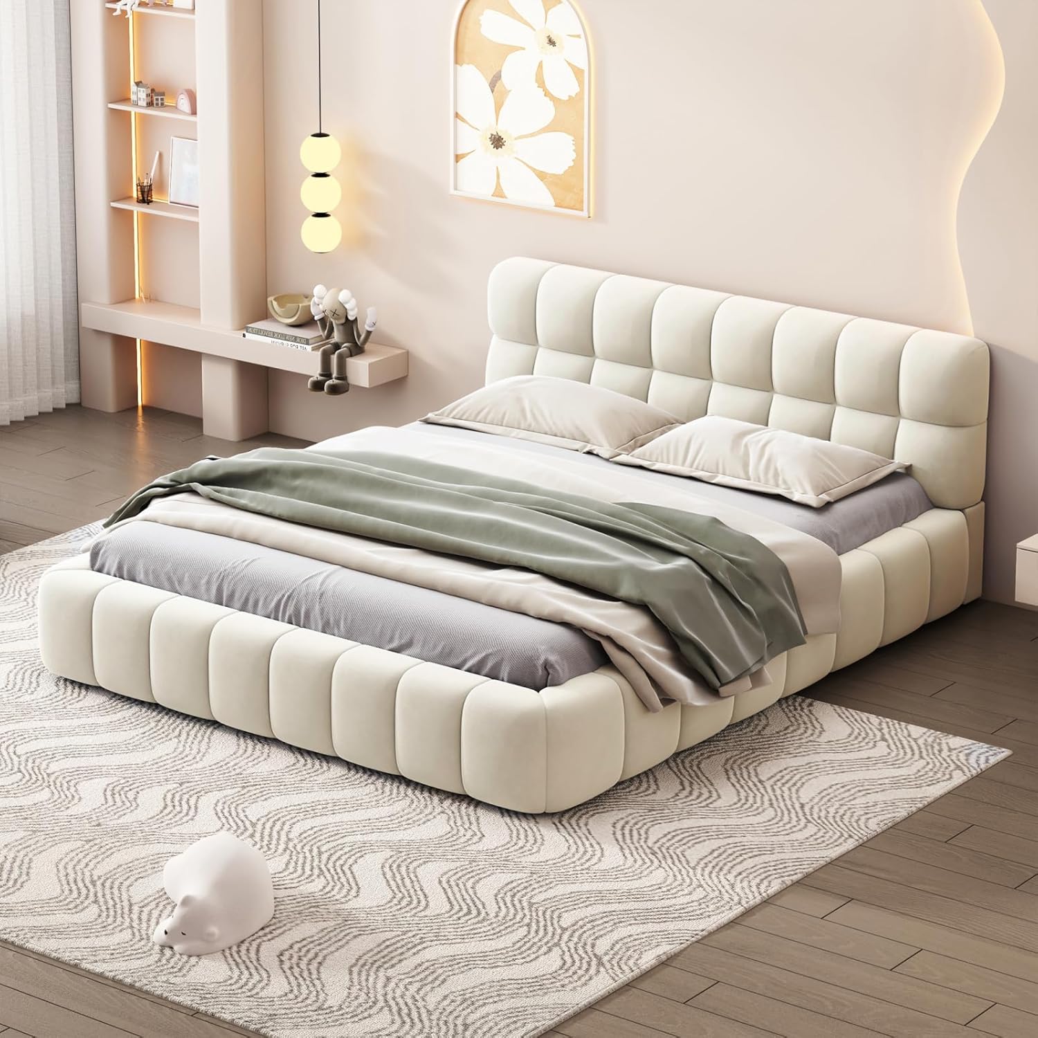 Polsterbett Bubble Bett 140x190cm Doppelbett mit Lattenrost und weicher Rückenlehne Jugendbett Flachbett Bettgestell, Leinen, ohne Matratze (Beige, 140 * 190)