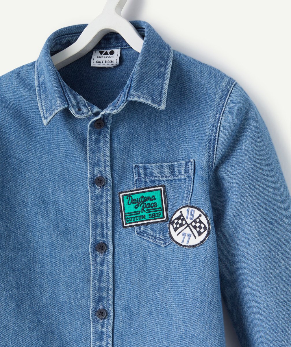 chemise garçon en coton et denim bleu avec poche et patchs thème circuit