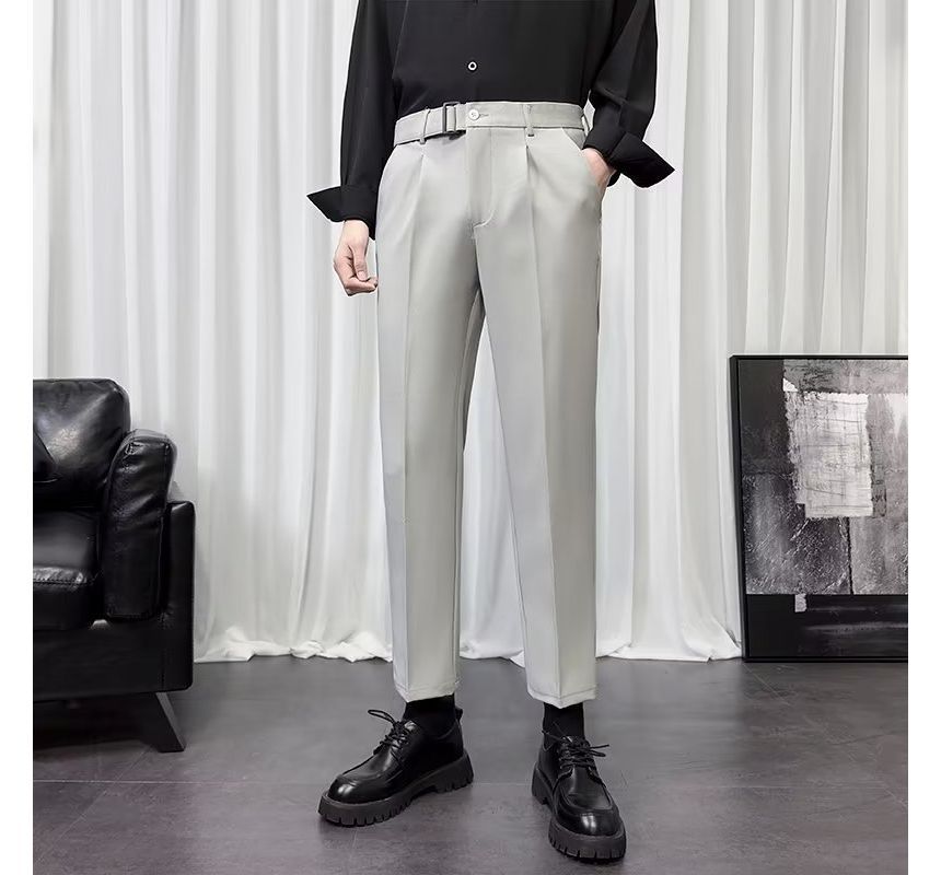 Wewewow - Mid Rise Plain Buckled Cropped Tapered Dress Pants