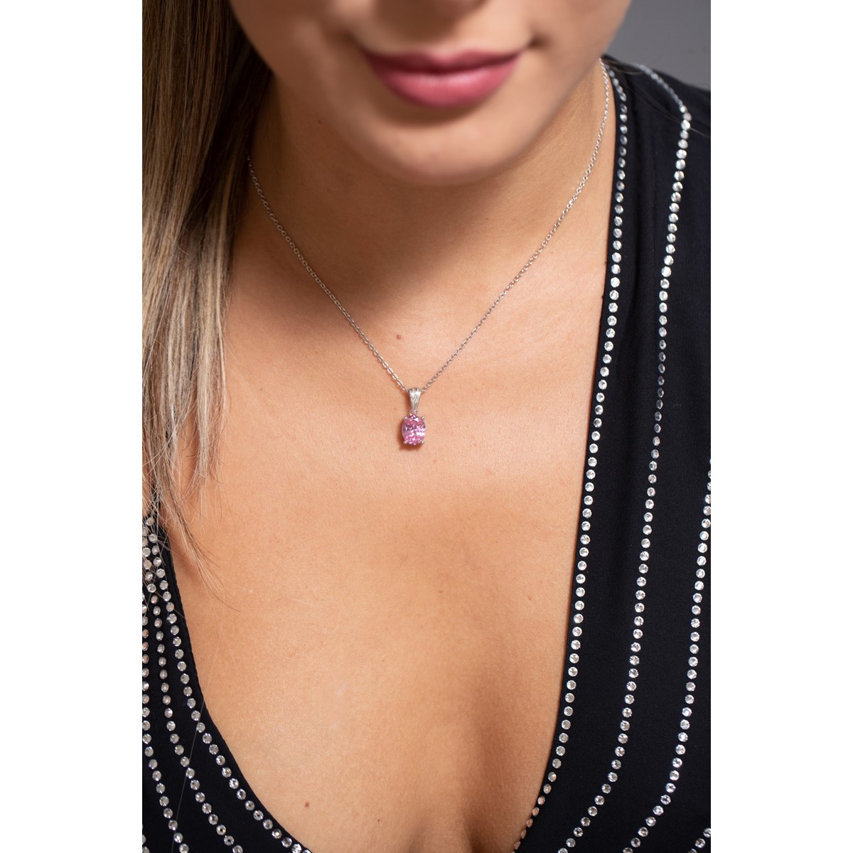 Collier mono-motif ELISABETH en Argent avec pierre synthétique rose