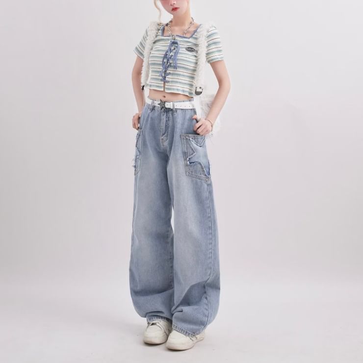 Rosesand - Lage taille sterrenapplicatie gewassen losse wijde jeans