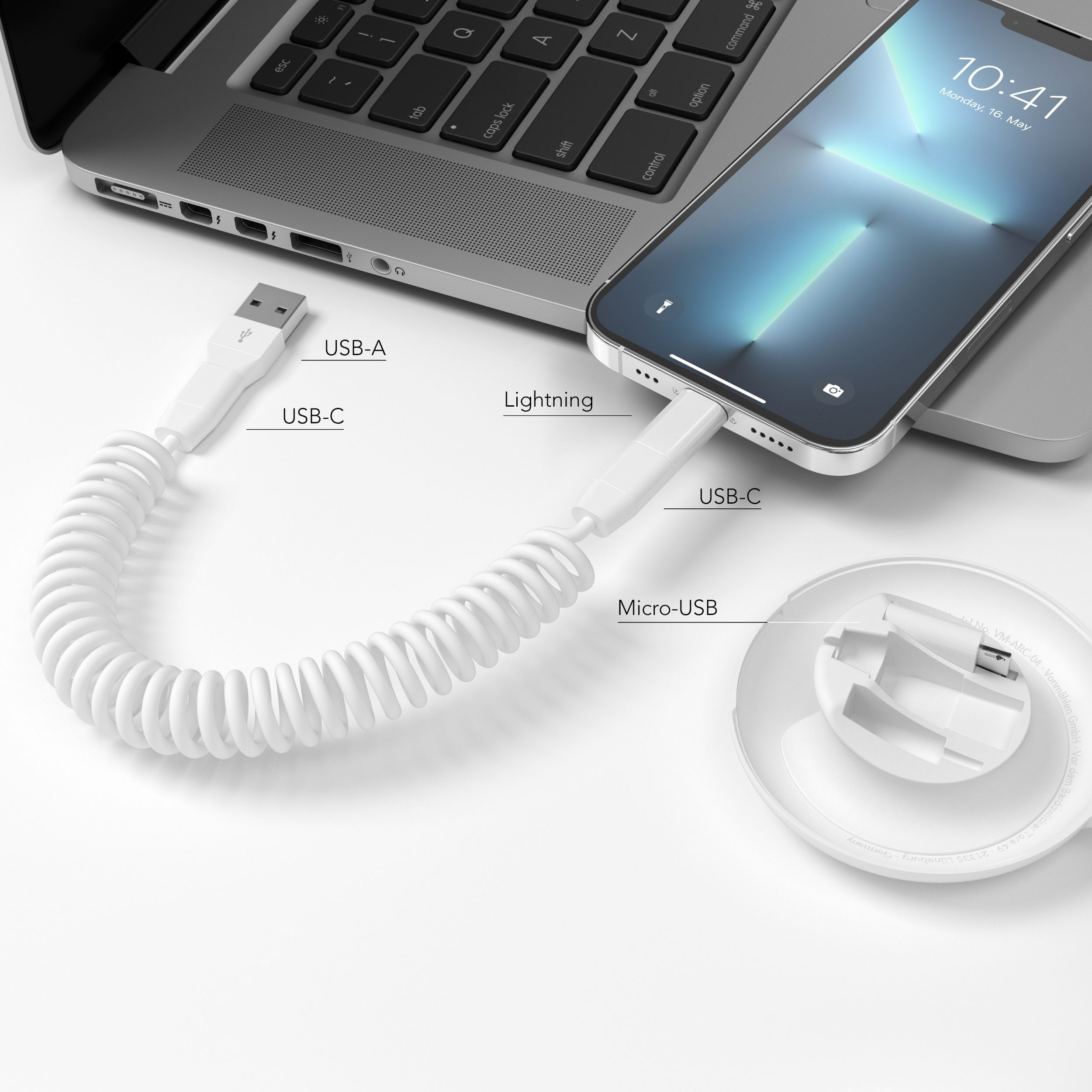 Allroundo® (90cm) 6in1 USB C / USB A Ladegerät Netzteil PD   USB C auf USB C / Lightning / Micro USB Spiralkabel Ladekabel (ALE00002) - Weiss