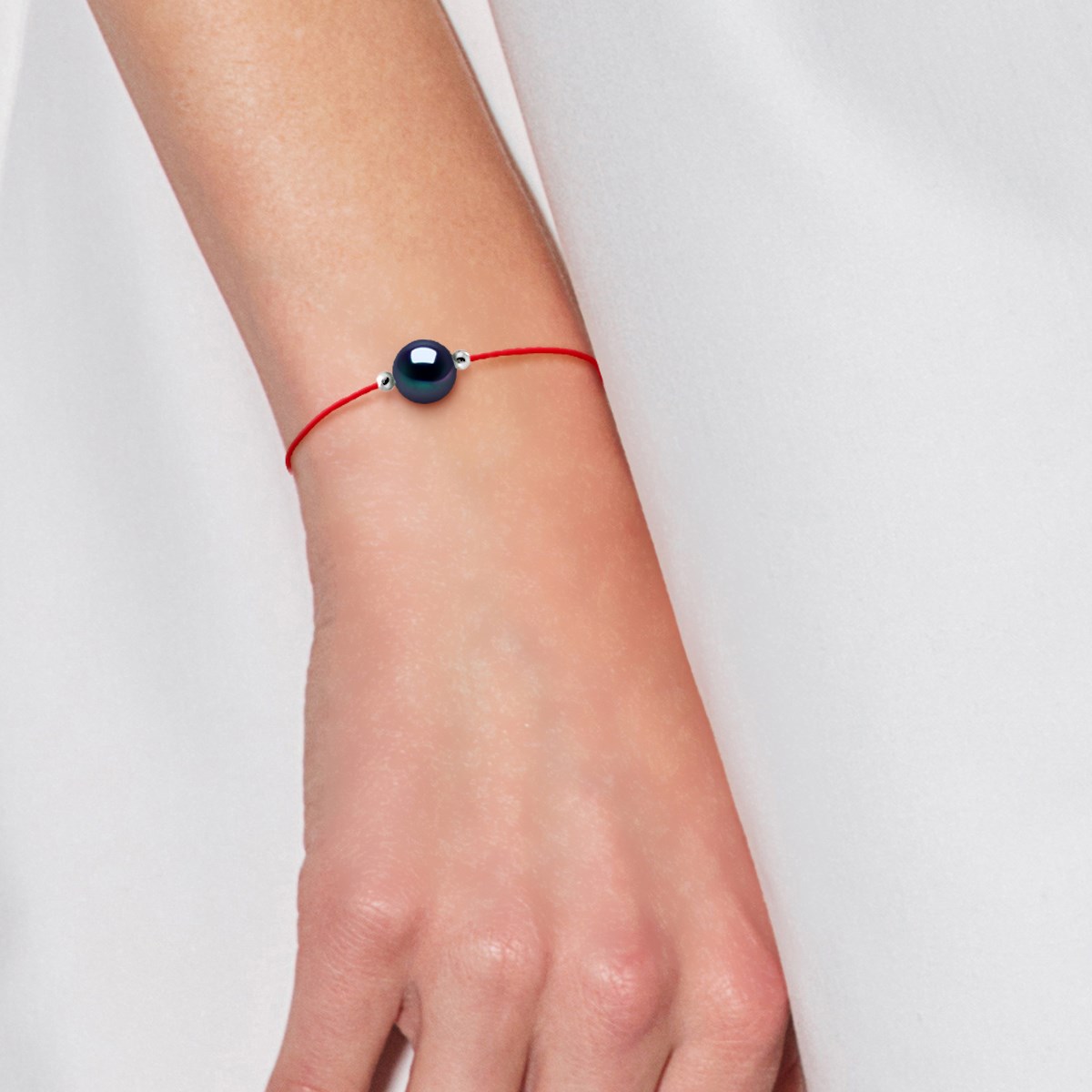 Bracelet LOVE LINK Perle d'Eau Douce Ronde 9-10 mm Noire Lien Nylon Rouge Argent 925