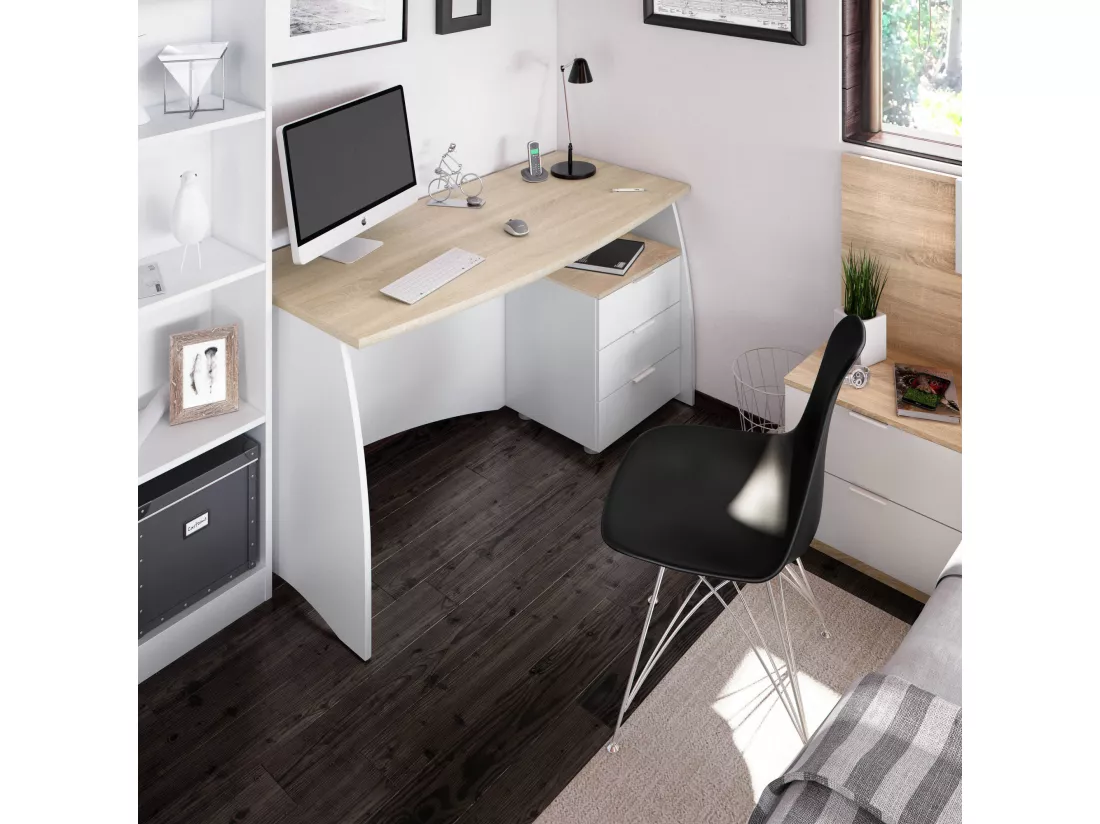 Davell Desk, Bureau, Table d'étude PC avec 3 tiroirs, 136x67h74 cm, Blanc et Chêne