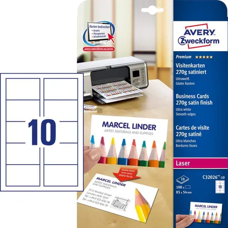 Avery Zweckform C32026-10 Premium Visitenkarten, 85 x 54 mm, beidseitig beschichtet, 100 Karten / 10 Bogen