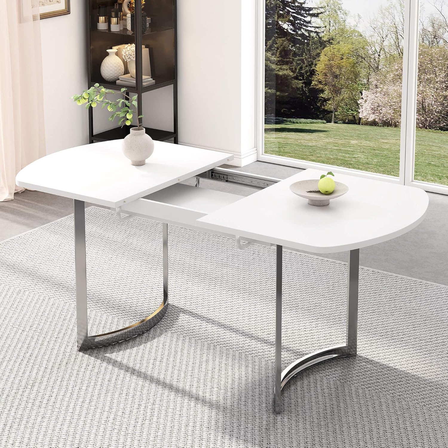 Ausziehbarer Esstisch 140/180 x 80 cm, ausziehbare Länge 180 cm,hochfeste Legierungshalterung, geeignet für 4–6 Personen, weiße + versilberte Tischbeine