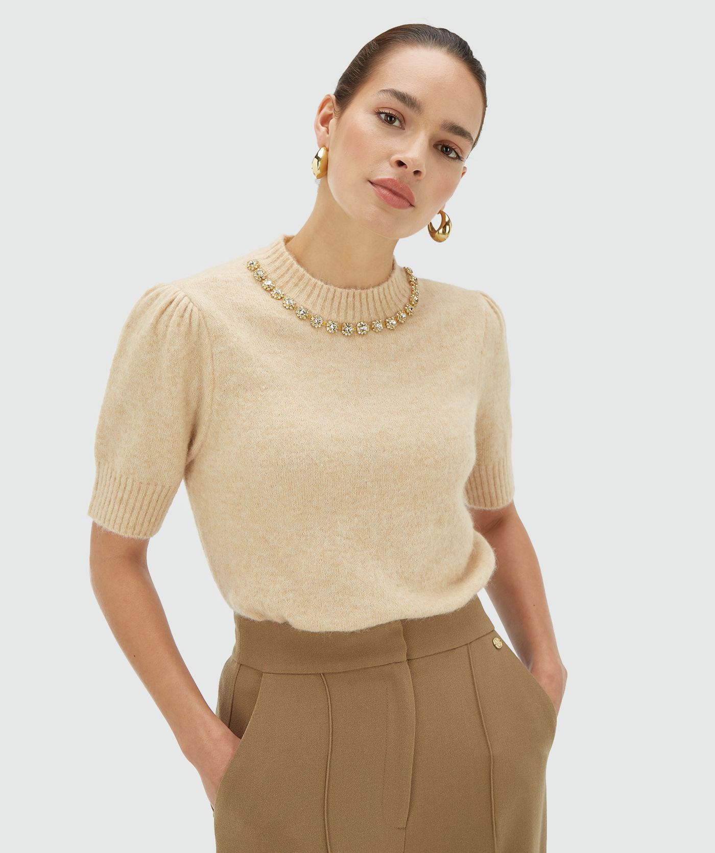 JV-FRANKA fitted top met merinowol - light beige melange