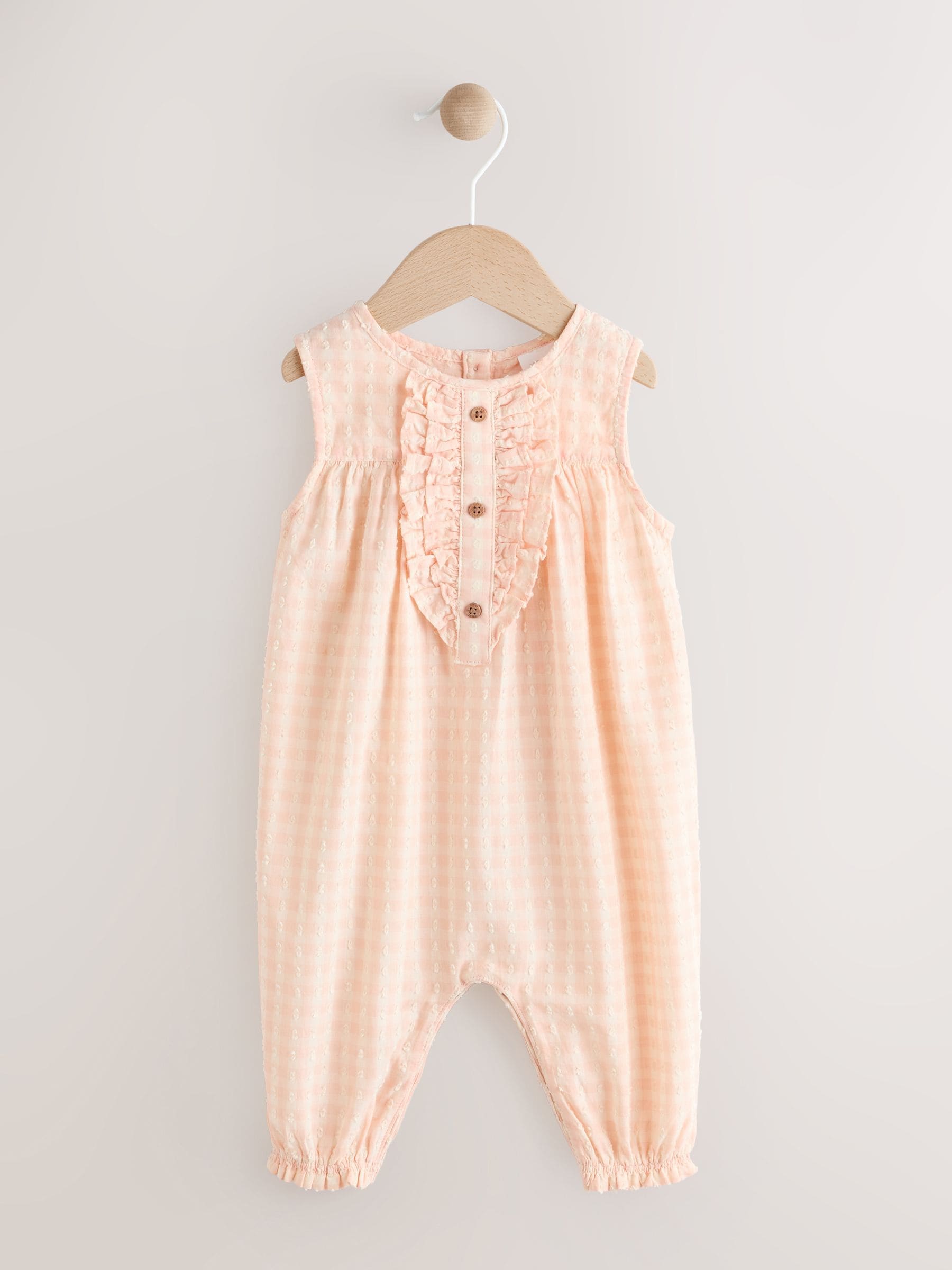 Perzikroze gingham-ruit - Babyromper met ruches (0mnd-2jr)
