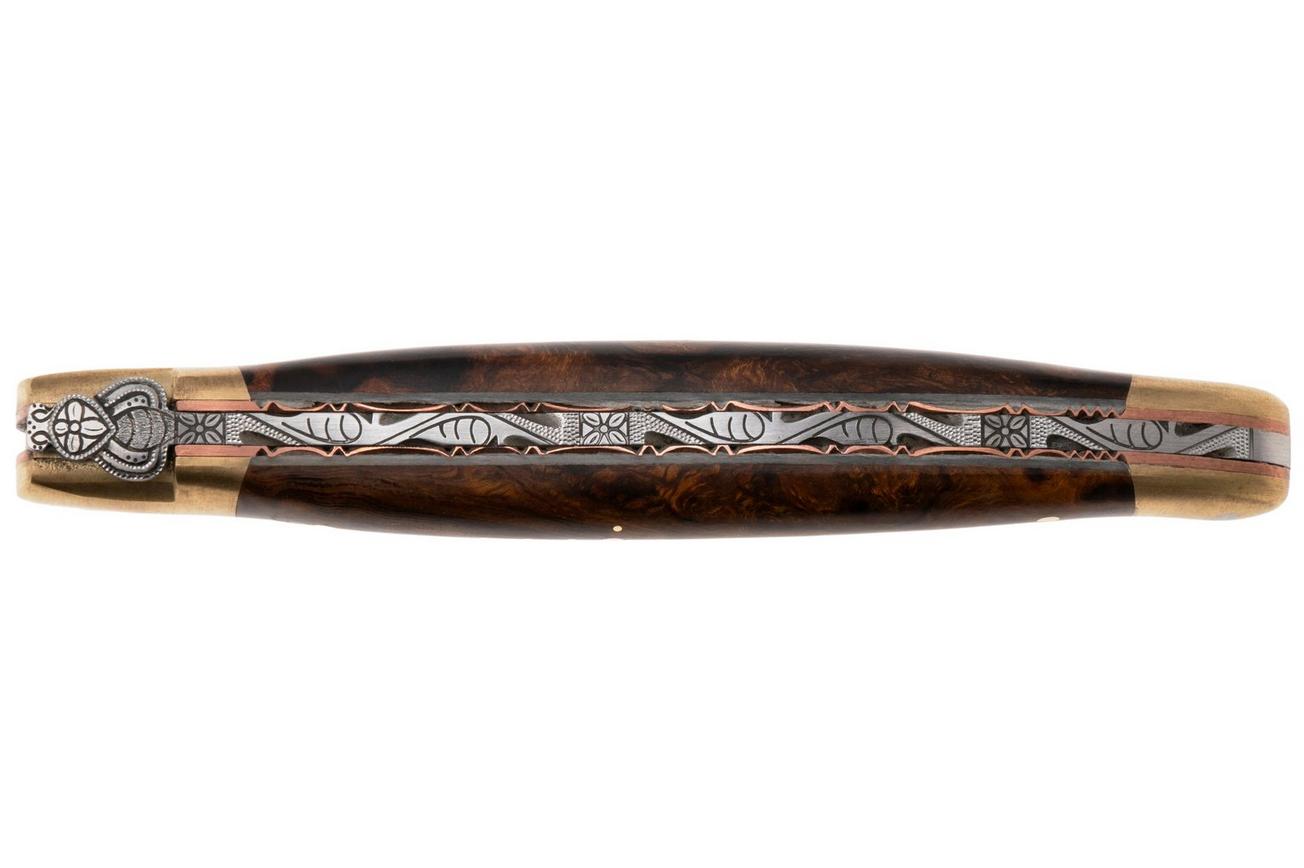 Laguiole en Aubrac Le Bijou L0212LCHB/WCBJ Ironwood Burl, Handcarved Copper Plates, Matt Brass Bolsters, zakmes, 12 cm