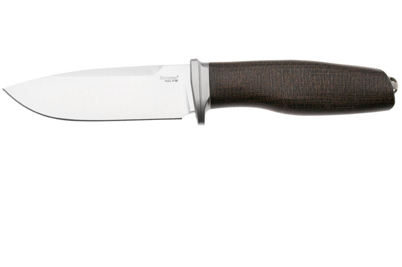 LionSteel Acha AH BLG Satin M390, Green Burlap Micarta, Titanium Guard, vaststaand mes