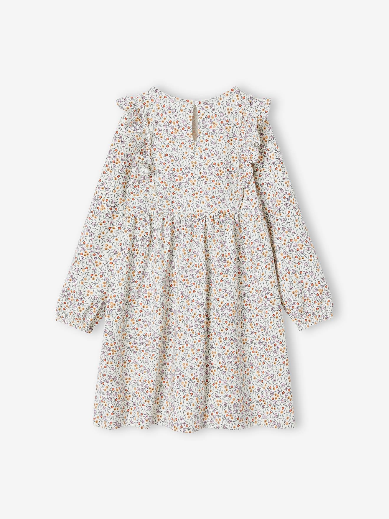 Vestido off-white com estampa floral e mangas com babados para meninas.