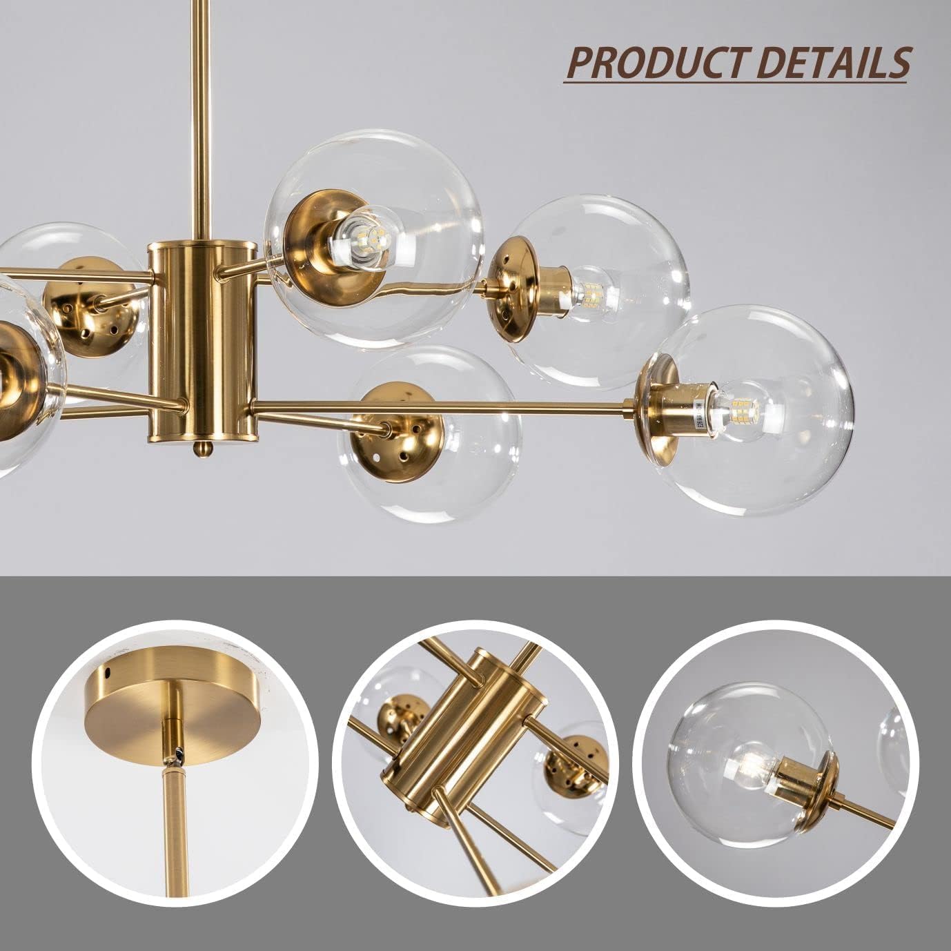 KCO Lighting Modern Sputnik Kronleuchter 8-Licht Klarglas Globus Deckenleuchte Mid Century Messing Unterputzleuchte Küche Island