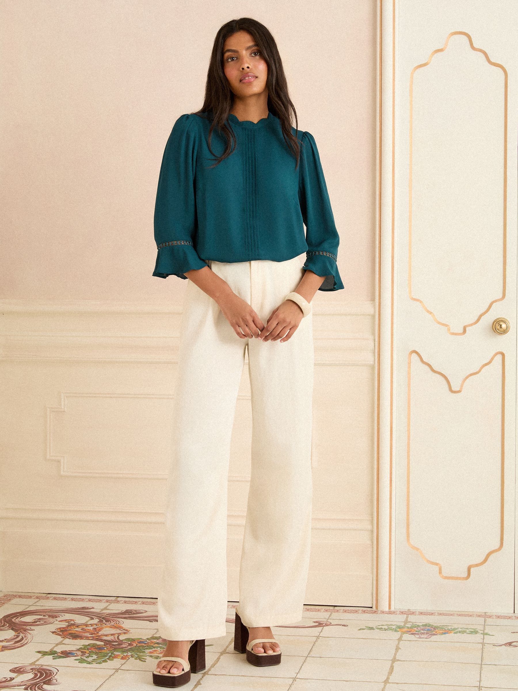 Blauwgroen - Love & Roses 3/4 blouse met uitlopende mouwen
