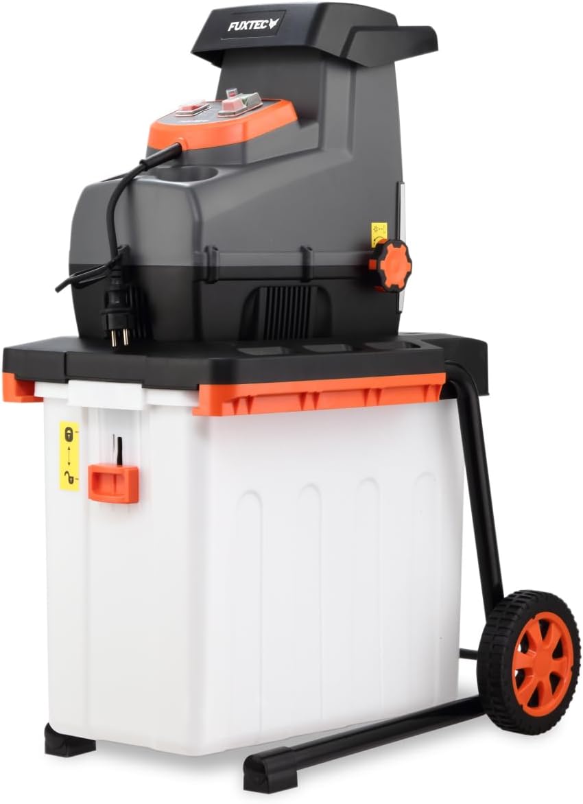 FUXTEC Elektro Gartenhäcksler FX-EGH2800B, Walzenhäcksler mit 2800W Leistung und Rückwärtslauf, zerkleinert Äste bis 44mm Durchmesser, leise & kraftvoll mit 60L Auffangbox und Überlastschutzsystem