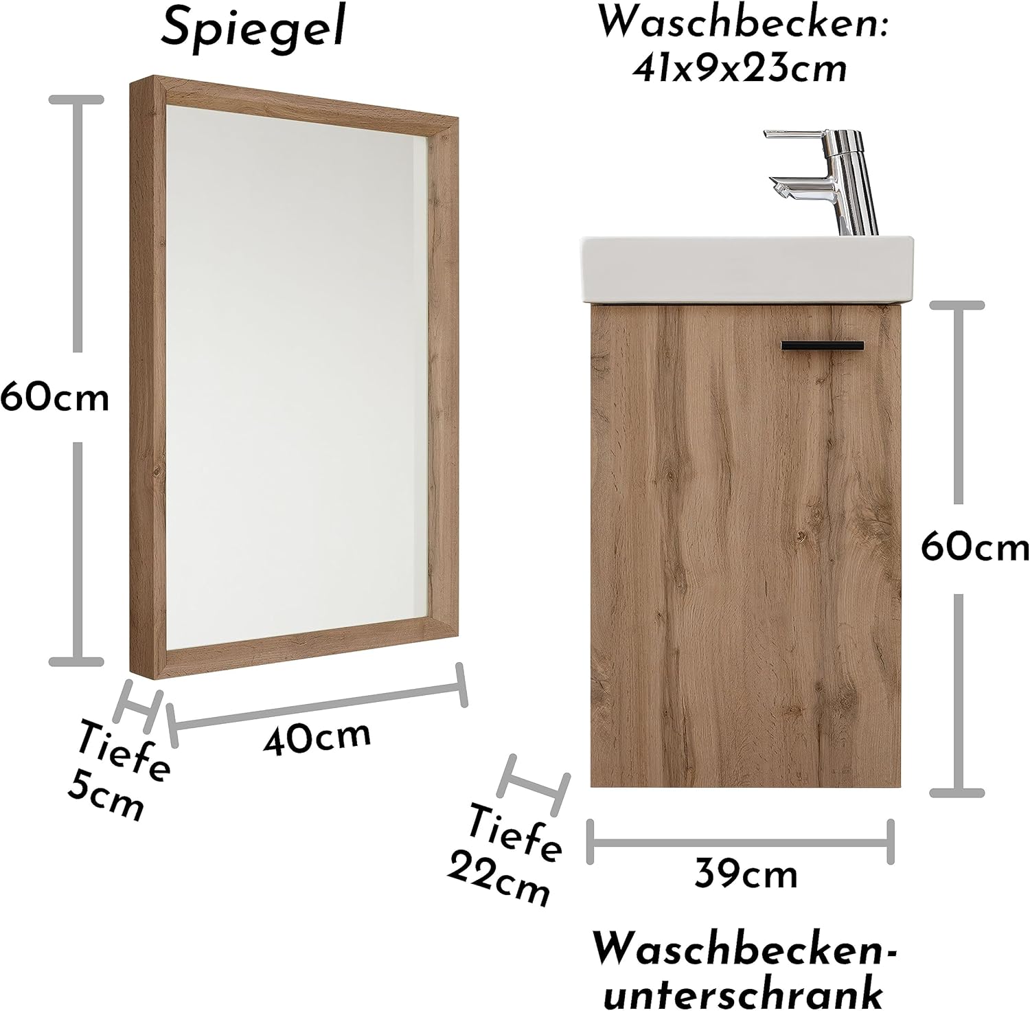 AMY Waschbecken mit Unterschrank und Spiegel in Wildeiche Optik - Kompakter Waschtisch ideal für Gäste WC - 41 x 165 x 23 cm (B/H/T)