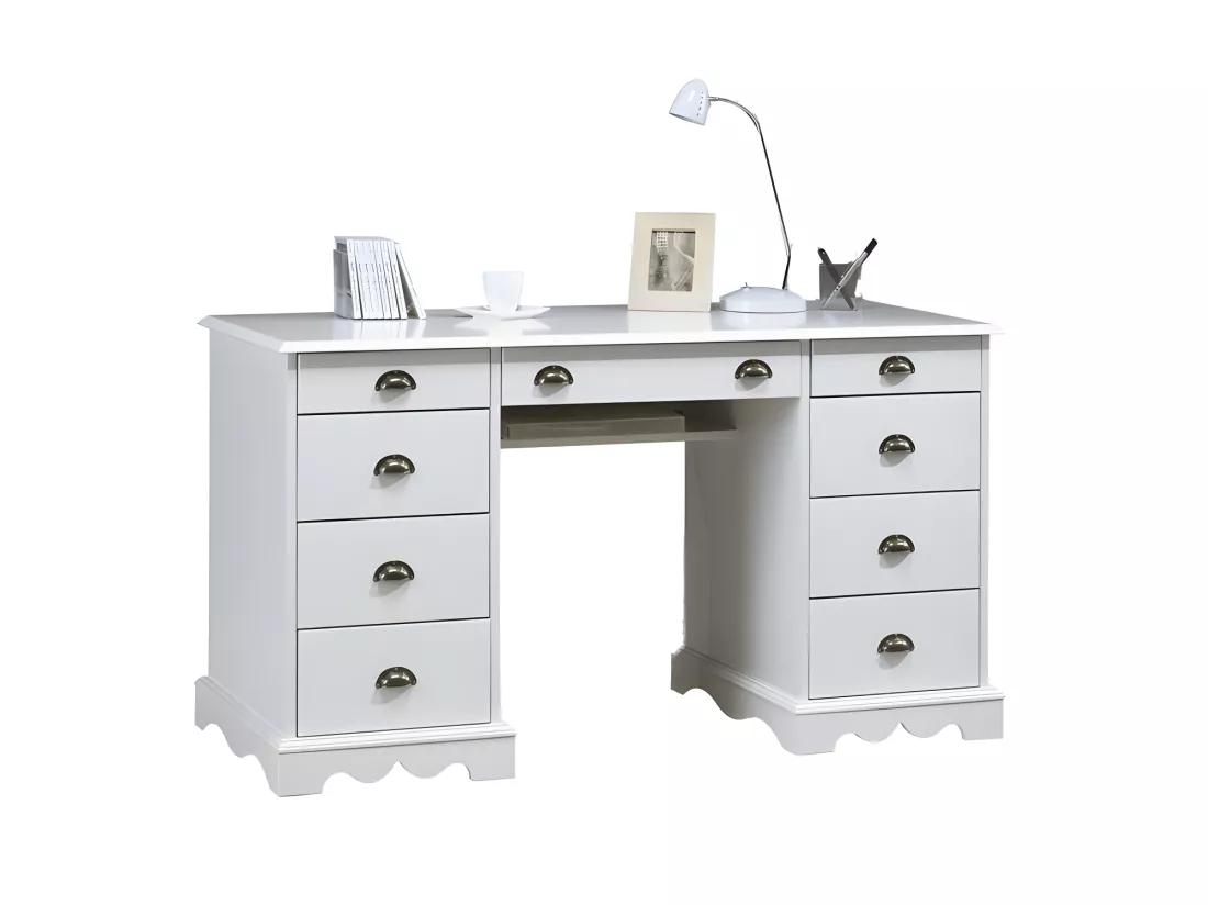 Bureau 2 Caissons Blanc 9 Tiroirs de Style Anglais L 137.5 H 74.7 P 58.3 cm