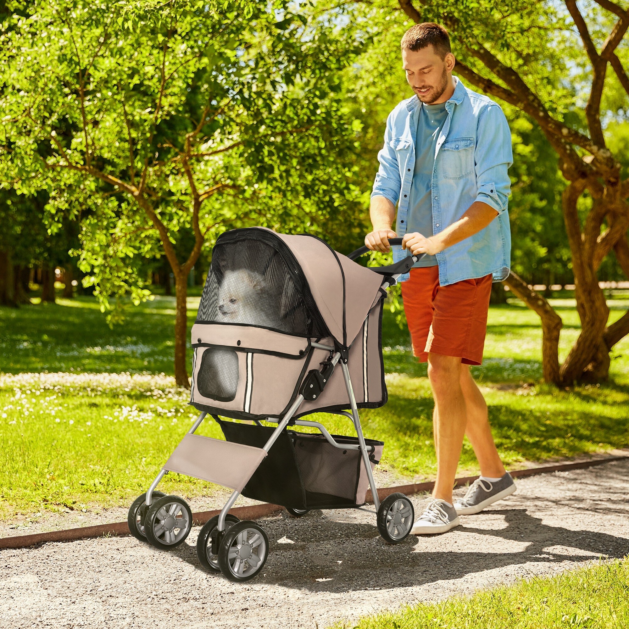 PawHut Pet Stroller mit Gitternetz kaffeebraun 75 x 45 x 97 cm (LxBxH)