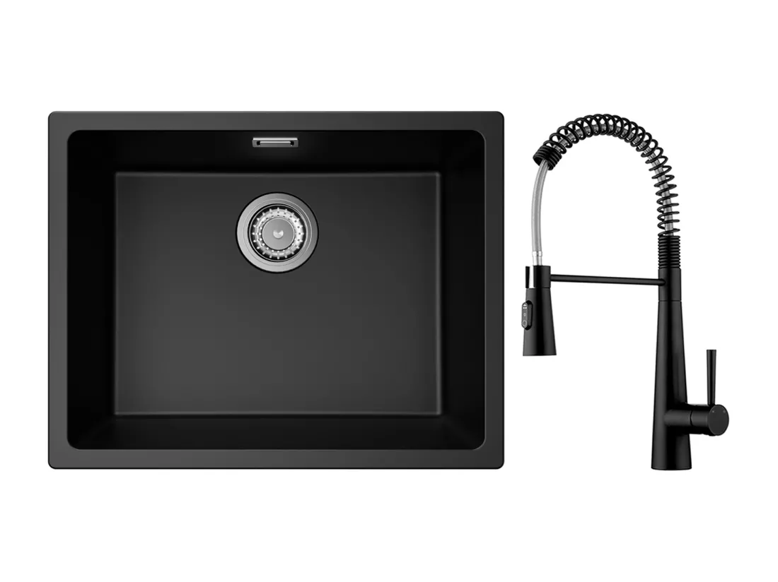 CECIPA MAX Evier 1 Bac en Quartz et Résine Noir Gris 55*44*20cm + Mitigeur de Cuisine à Ressort avec 3 Modes de Sortie D'eau, Noir