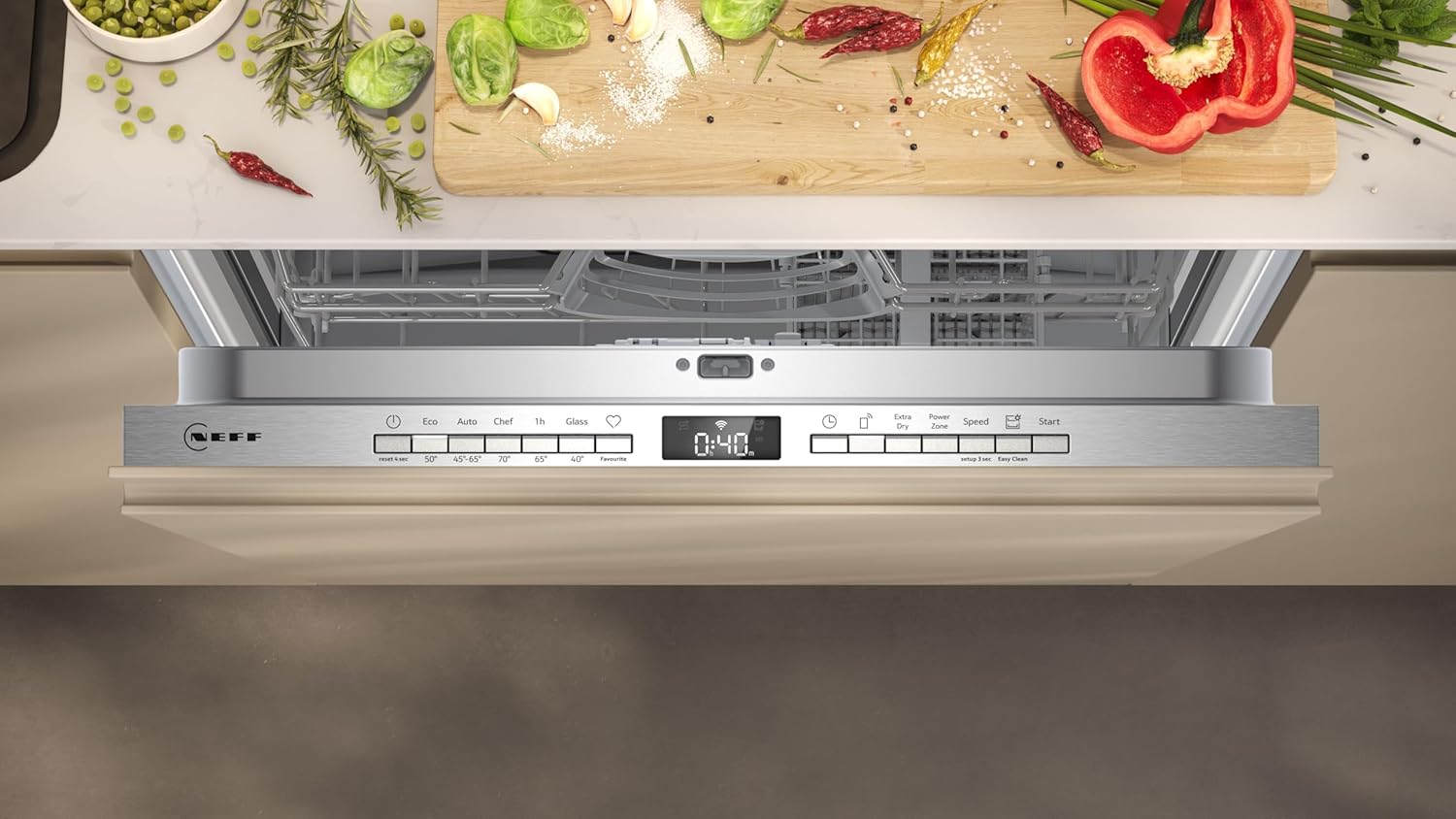 NEFF S253ITX01E, N 30, Smarter Geschrirspüler Vollintegriert, 60 cm, Besteckkorb, Chef 70°C Profi-Programm gegen hartnäckige Verschmutzungen, AquaStop, Info Light höhenverstellbarer Oberkorb